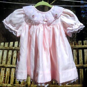 VTG Baby Togs Baby Girls Pink Fancy Dress Organza & Flower Applique Collar 6-9M